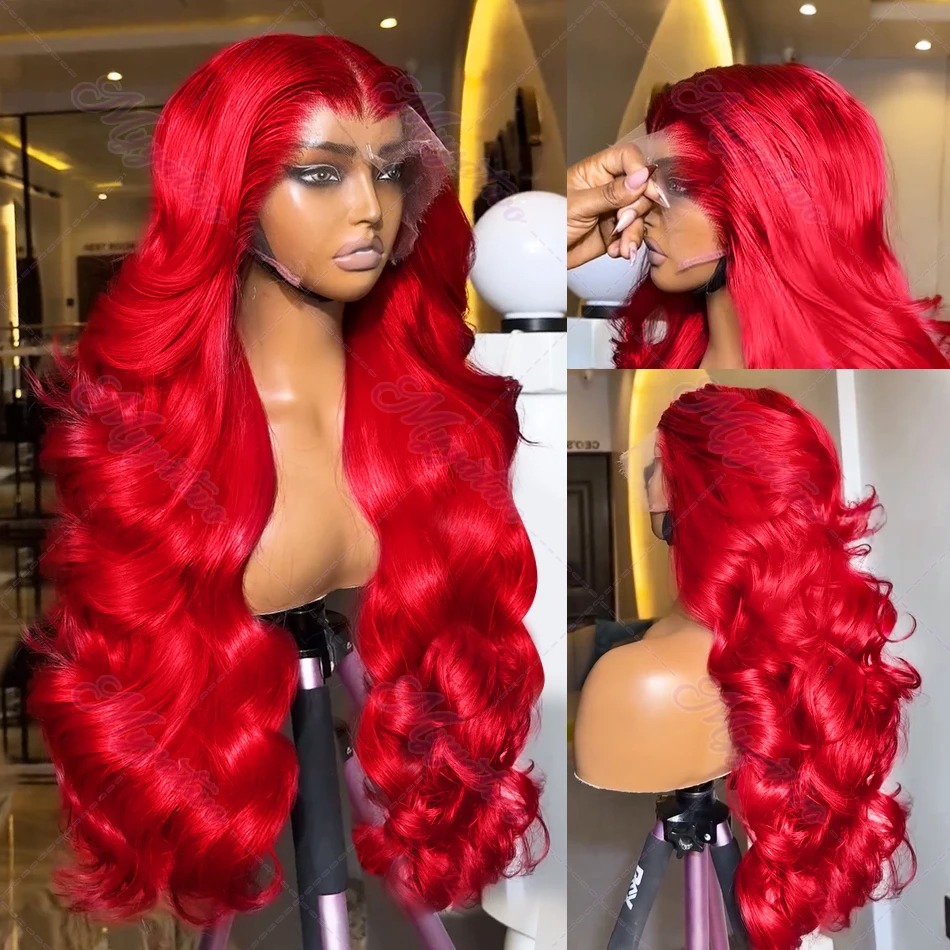 30 34 Inch Hot Red Body Wave High Density 13x4 Hd Lace Frontal Wig Brazilian Pre-Cut Water Wave Gluelesss 13x6 Lace Front Color Human Hair Wigs 200% F