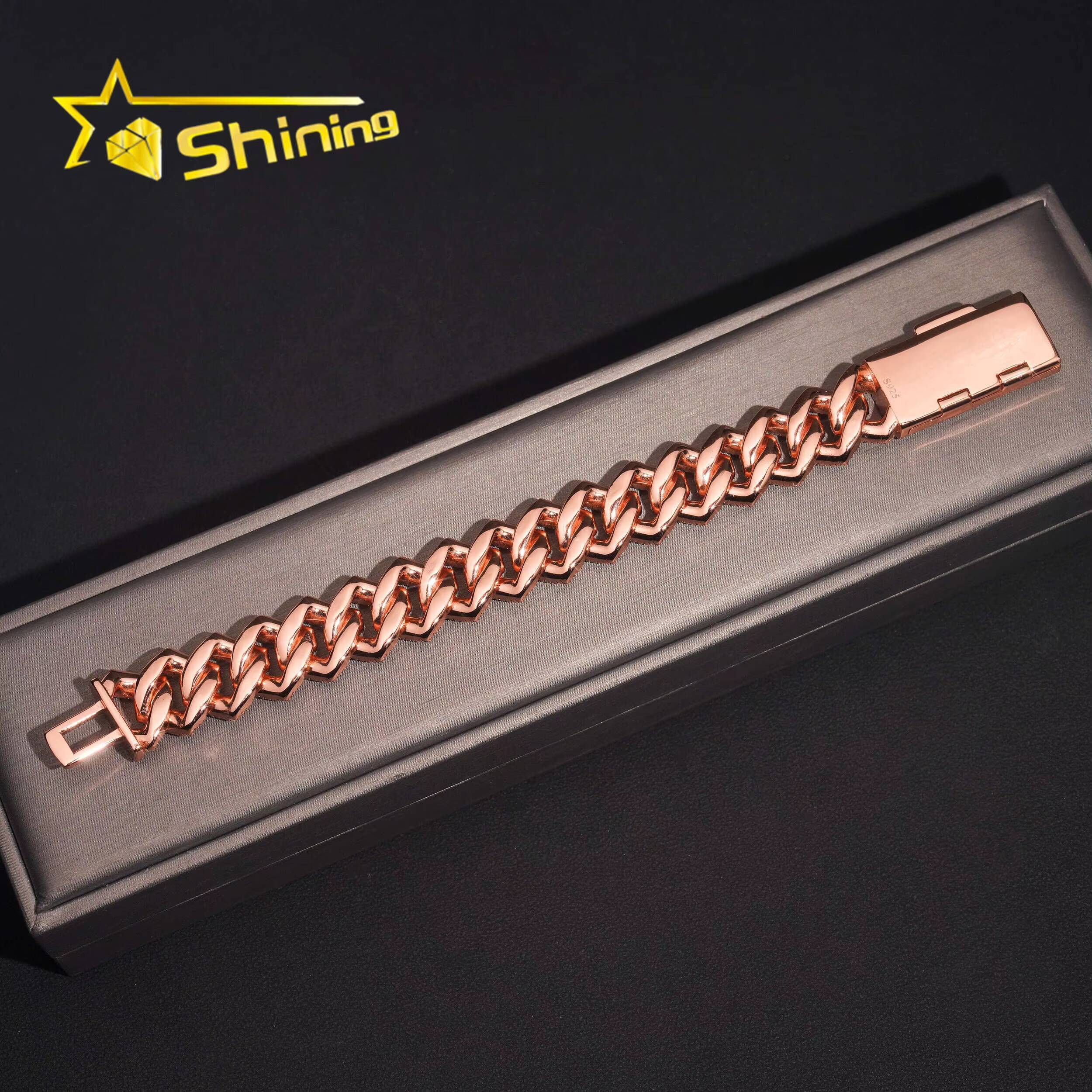 Hip Hop Fine Jewelry 16mm Width Baguette Diamond 925 Silver Rose Gold Men Moissanite Cuban Link Bracelet