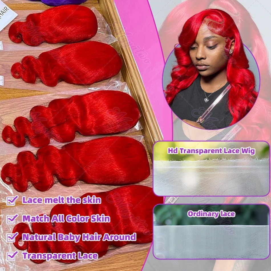 30 34 Inch Hot Red Body Wave High Density 13x4 Hd Lace Frontal Wig Brazilian Pre-Cut Water Wave Gluelesss 13x6 Lace Front Color Human Hair Wigs 200% F