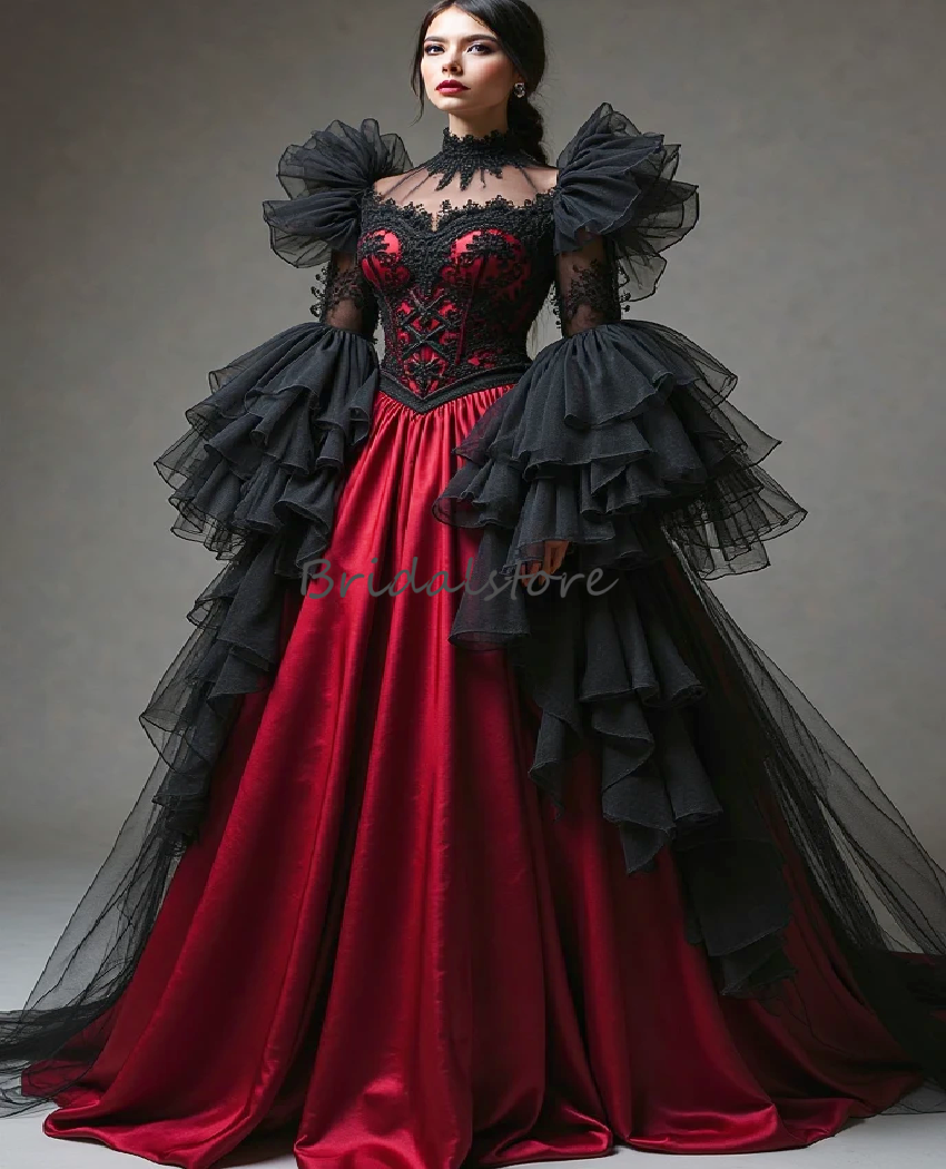 Victorian Balck And Red Gothic Wedding Dress 2025 Ruffles Long Sleeve Medieval Vampire Bridal Dress Lace Celtic FantasyWitch Bride Dress Elegant Vesti