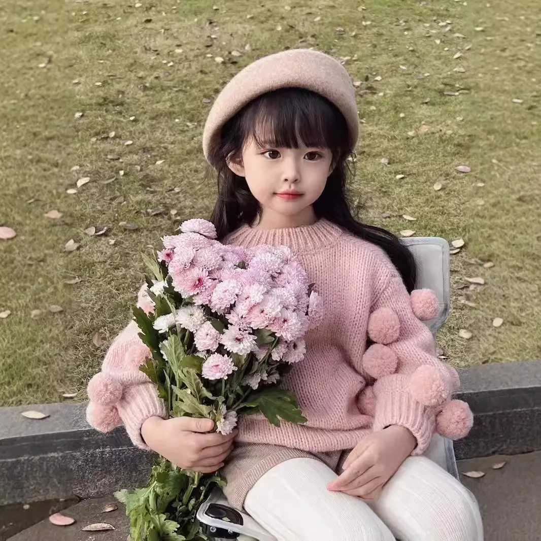 MILANCEL New Autumn Kids Sweater 27T Sweet Solid Color Hair Ball Decoration Girls Pullover Korean Loose Thin Children Tops M250825