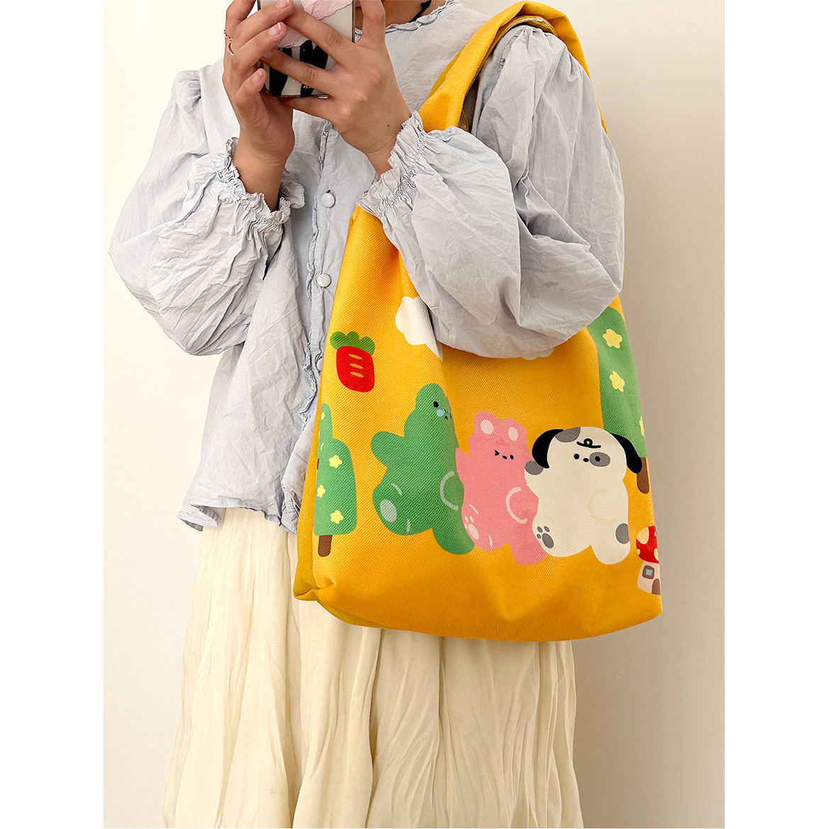 Ins cute painted vest bag, plush fabric shoulder bag, canvas bag, commuting bag, women's bag Z250224