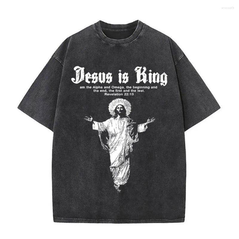 Men's T Shirts Vintage Washed Jesus Is King Graphic T-shirt Christian Religious Short Sleeve T-shirts Men Women Gothic Rock Oversized