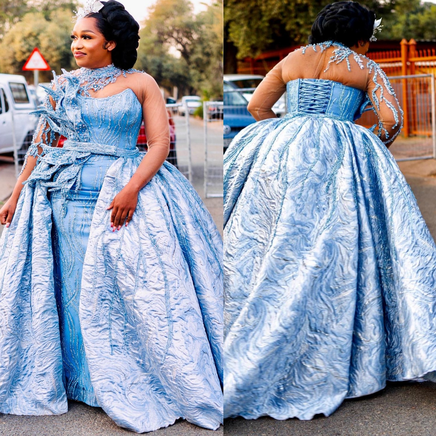 Mermaid Sky Blue Plus Size Prom Dresses 2025 Florals Beaded Detachable Train Evening Formal Party Second Birthday Engagement Gowns Dress For Special O