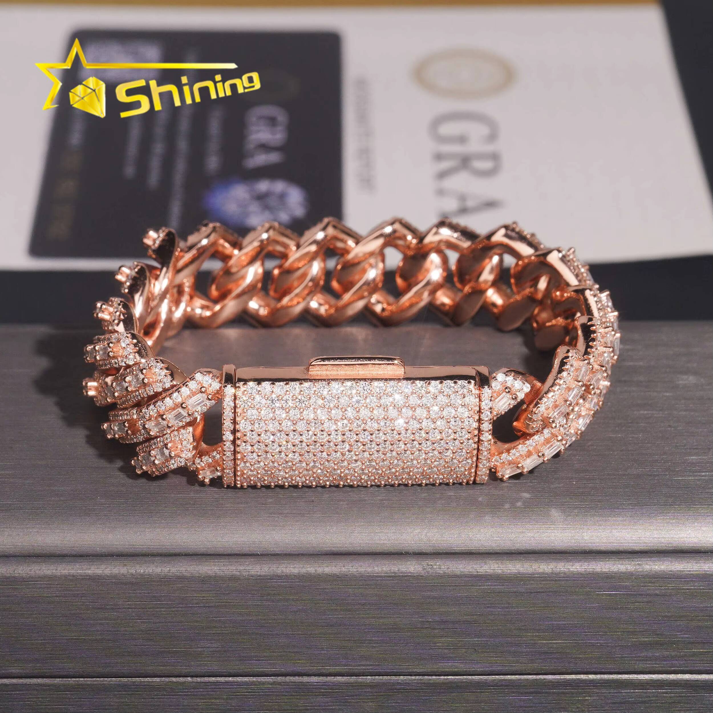 Hip Hop Fine Jewelry 16mm Width Baguette Diamond 925 Silver Rose Gold Men Moissanite Cuban Link Bracelet