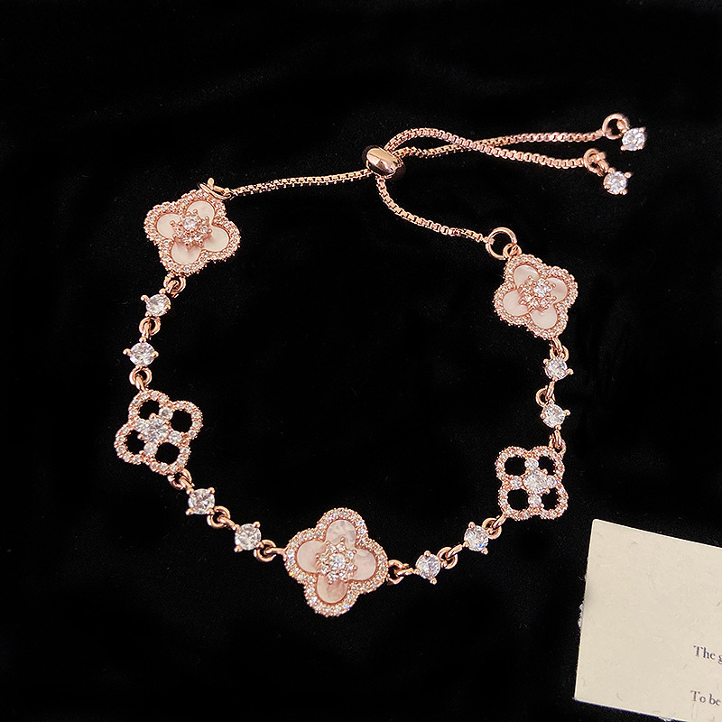 Natural Pink Shell Four-Leaf Flower Zircon Pullable Bracelet for Women Hollow Design Sense Elegant Exquisite Light Jewelry - view 5