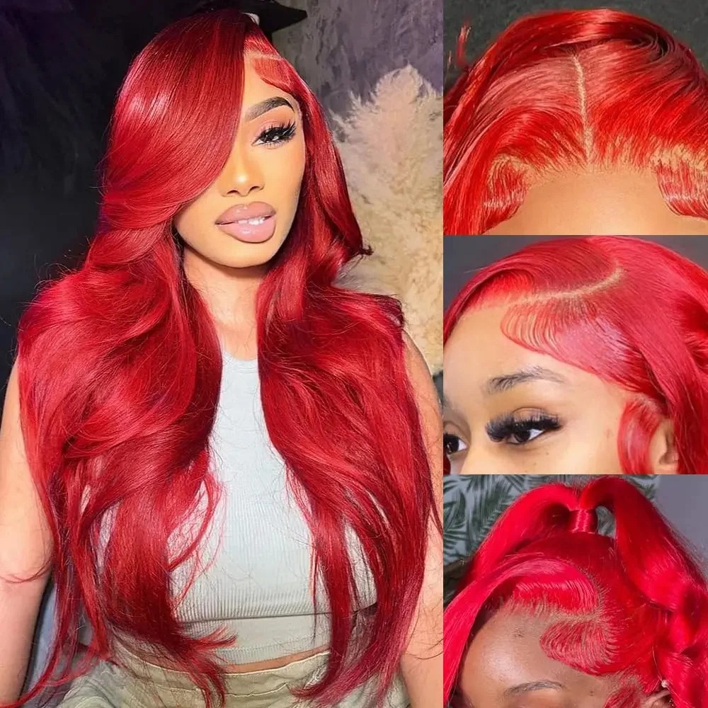 Hot Red Pre-Cut 13x6 Hd Lace Frontal Human Hair Wigs Gluelesss Brazilian Colored High Density Body Wave Lace Front Wig Hd Transparent Lace Closure Wig