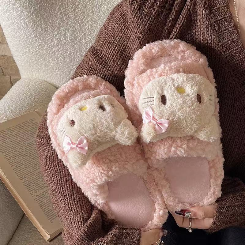 Free Shipping Cute Little Cat Furry Cartoon Women's Outdoor Wear 2025 Autumn And Winter New Flat Bottom Anti Slip Plush Cotton Slippers Without B