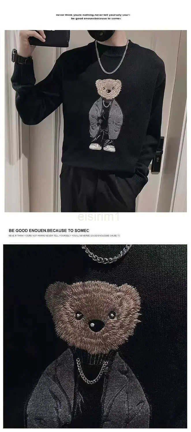 Winter Mens Knitted Sweater O-neck Bear Embroidery Casual Knitwear Inner Lap Pullovers Long Sleeve 2025 Vintage Sweater Jumpers Z250825