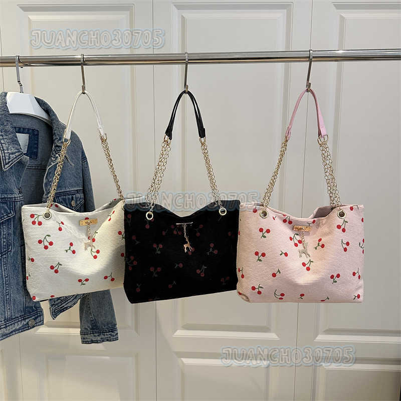 Trend Corduroy Underarm Bag for Women 2025 New Summer Cherry Print Artistic Tote Bag H250910