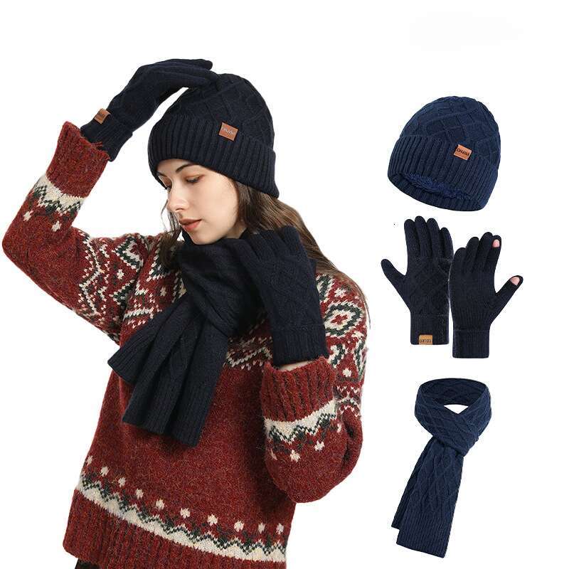 casquette beanie cap Scarf, Gloves, Three-Piece Set Winter Cold-Proof Ear Protection Knitted Outdoor Warm Hat