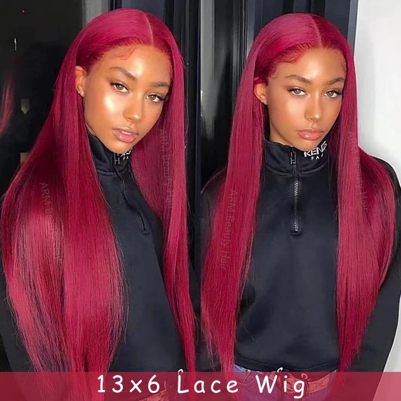 13x4 Preplucked Hairlin Burgundy Lace Front Wigs Pre-Cut Hd Transparent Lace 13x6 Straight Lace Frontal Wigs Human Hair Pre Plucked with Baby Hair Win