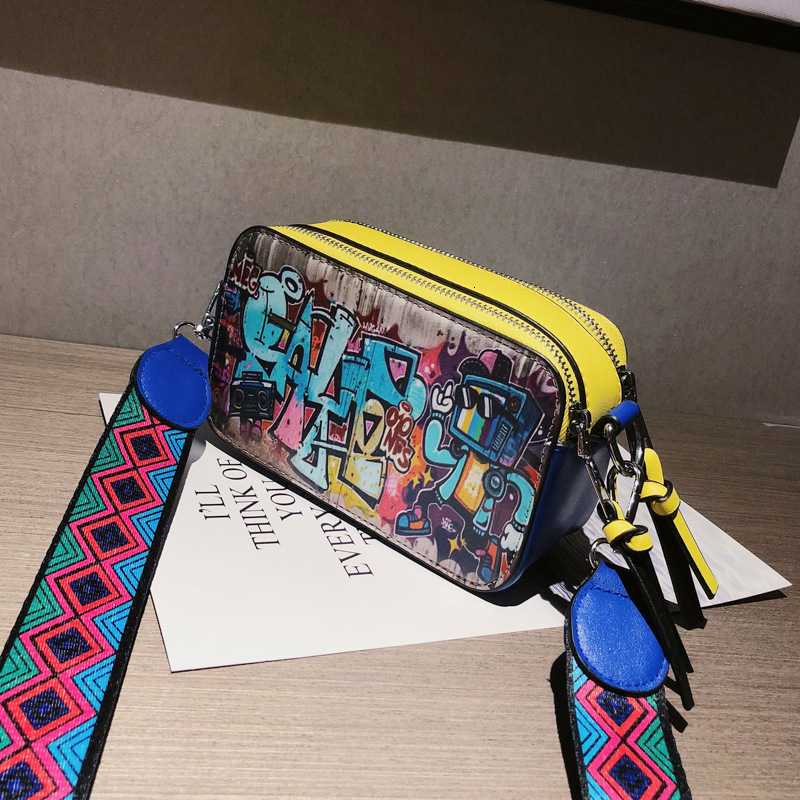 Free shipping designer bag luxury bag wholesale girl graffiti camera bag trendy fashion printed wide shoulder strap personalized single shoulder cross