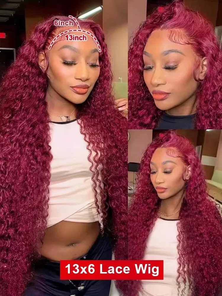 30 40 Inch Deep Wave Preplucked Hairline 13x6 Curly Human Hair Wig High Density Burgundy Water Wave Wig Gluelesss 13x4 HD Lace Frontal Wigs