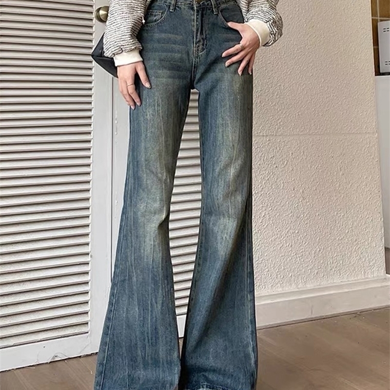 Jielur Fashion Slim Casual Vintage Blue Womens Jeans Winter American Style Chic Office Ladies Pockets Basic Female Flare Pants Z260313