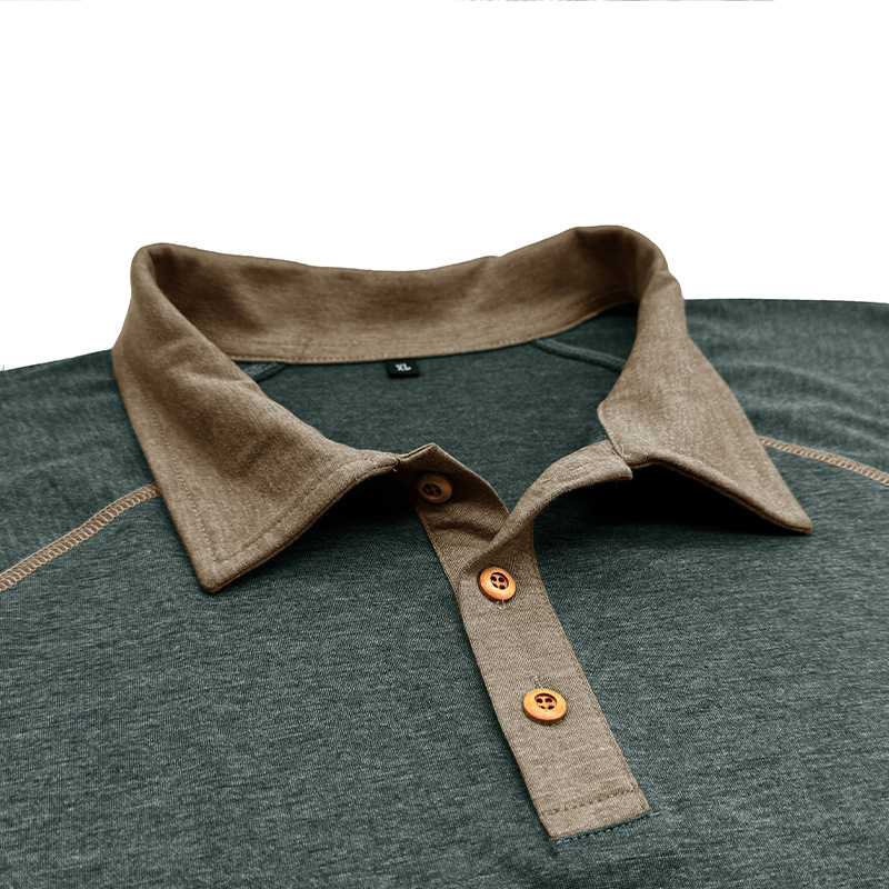 Men's Long - Sleeve Polo Shirt with Raglan Sleeves, Contrast Collar and Button Placket