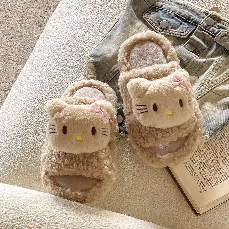 Free Shipping Cute Little Cat Furry Cartoon Women's Outdoor Wear 2025 Autumn And Winter New Flat Bottom Anti Slip Plush Cotton Slippers Without B