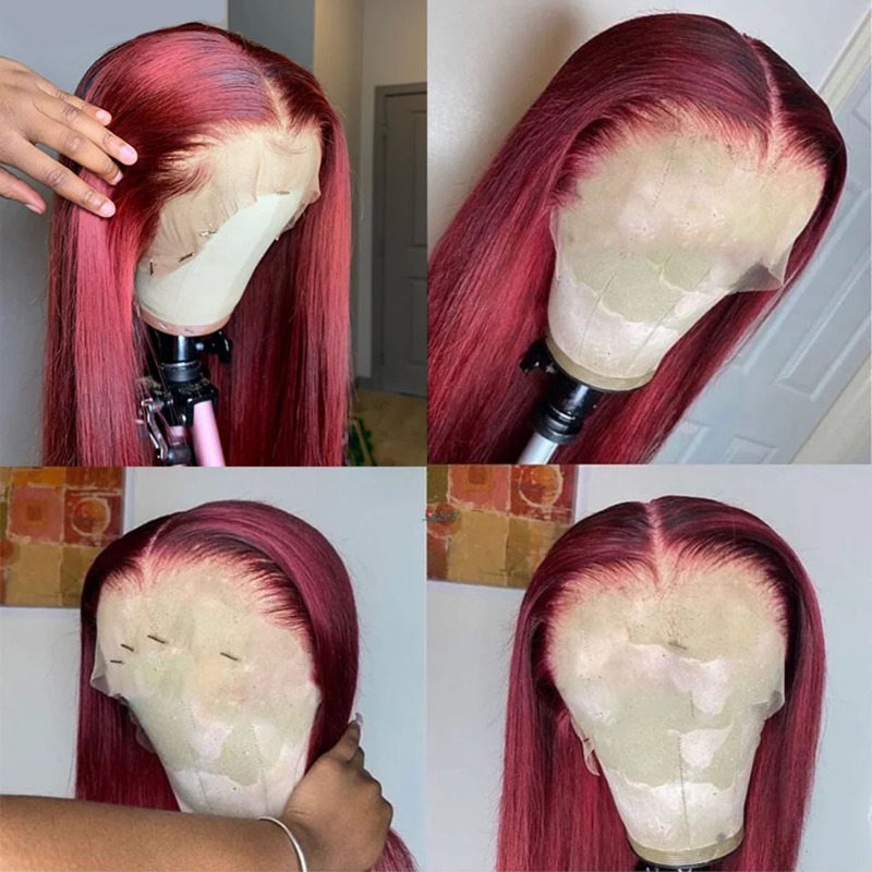 30 40 Inch Burgundy High Density Red Color Preplucked Hairline Wear And Go 13x6 HD Lace Frontal Human Hair Wigs Gluelesss Straight Lace Front Wig For 
