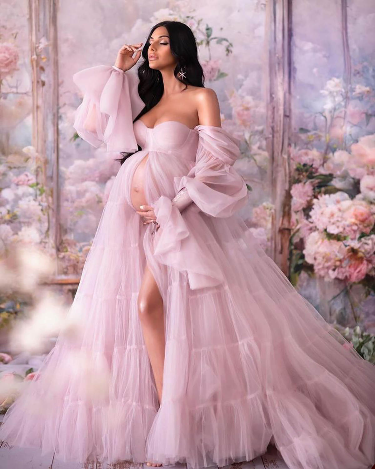 Classic Simple Bespoke Women's Sleepwear Tulle Robe Perspective Sheer Tulle See Through Sweetheart Pink Gowns Fluffy Maternity Dress Bathrobe Photoshoot