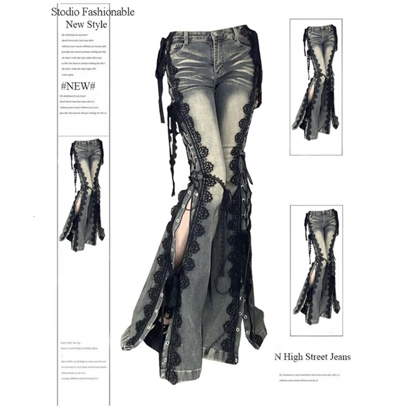 Low Rise Split Bootcut Pants Women Spring Eyelets Lace Up Flare Jeans Retro Stitch Slim Bell Bottoms Strtwear Z260313