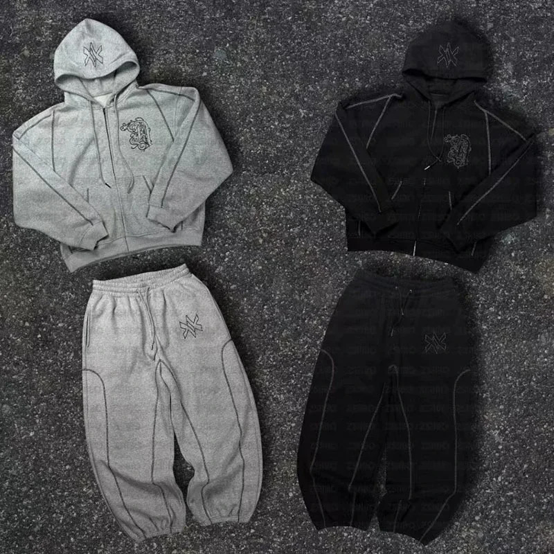 American Y2K Casual Zipper Hoodie Sweatpant Two Piece Set HipHop Oversized Embroidery Sweatshirts Men Women Casual Pants 250305