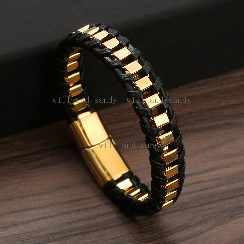 18k Gold Stainless Steel Chain Leather Bracelets Wristband Designer Jewelry Charm Multilayer Wrap Magnetic Buckle Stack Bracelet Bangle Cuff for Man F