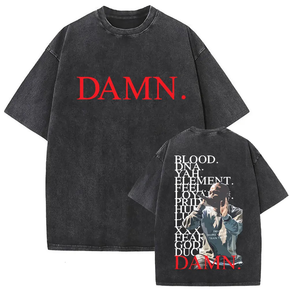 Retro washed T-shirt for men by rapper Kendrick Lamar DAMN 100% cotton double-sided printed T-shirt urban hip-hop style T-shirt 250825