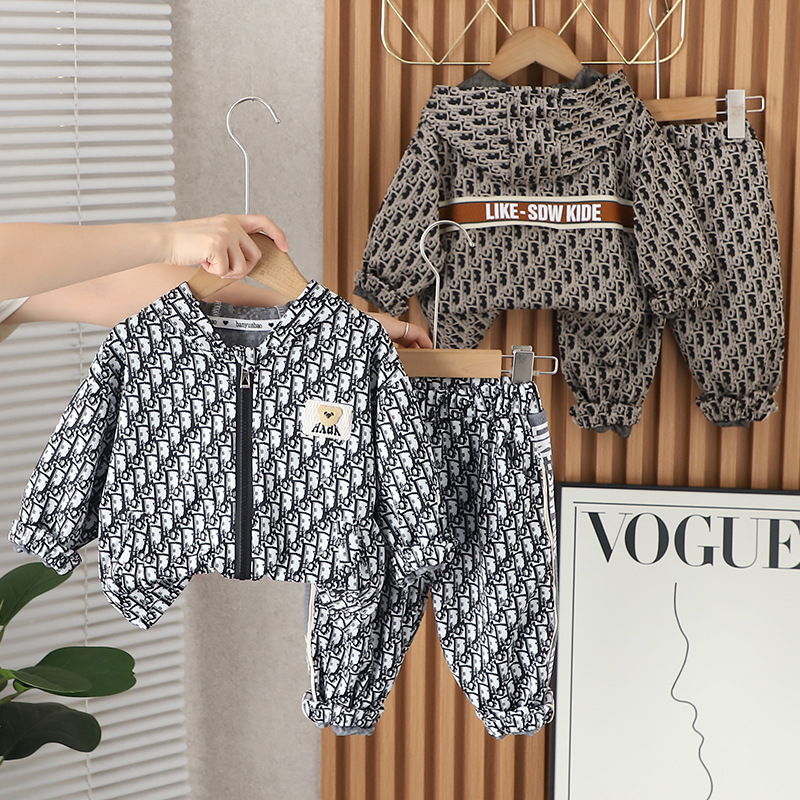 2025s New Kids' Autumn Outfit Korean Style Boys Girls Hooded All-over Print Bear Jacquard Cardigan Jacket Casual Two Piece Set