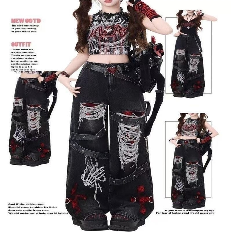 Y2K Red Gothic HipHop Hole Vintage Jeans Girl High Street Trend American Baggy Wash Overall Belt Splicing Woman Wideleg Pants Z260313