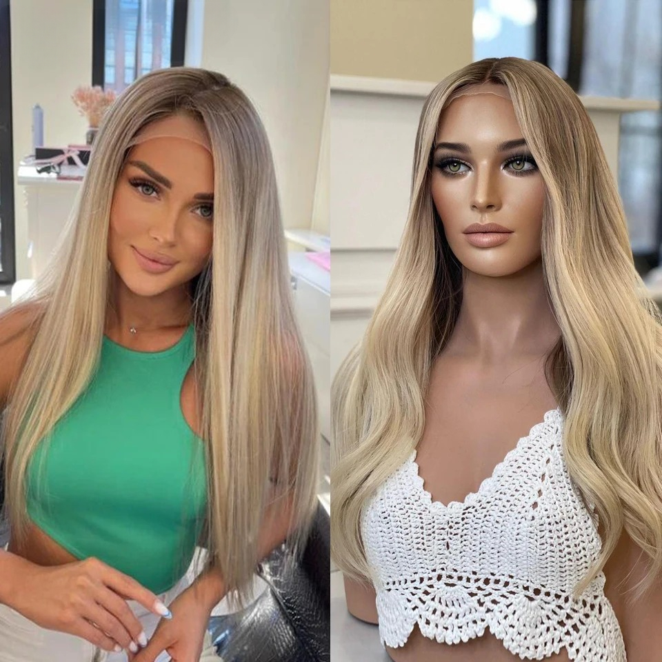 Ombre Brown Roots Ash Blonde Wigs Human Hair 200% Density 13x4 Body Wave Lace Front Wig Wear And Go Glueless Lace Frontal Wigs Synthetic