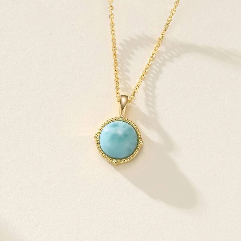 Simple Fashion Disc S Sterling Sier Natural Larimar Pendant Necklace 14K Gold Plated fine jewelry for women