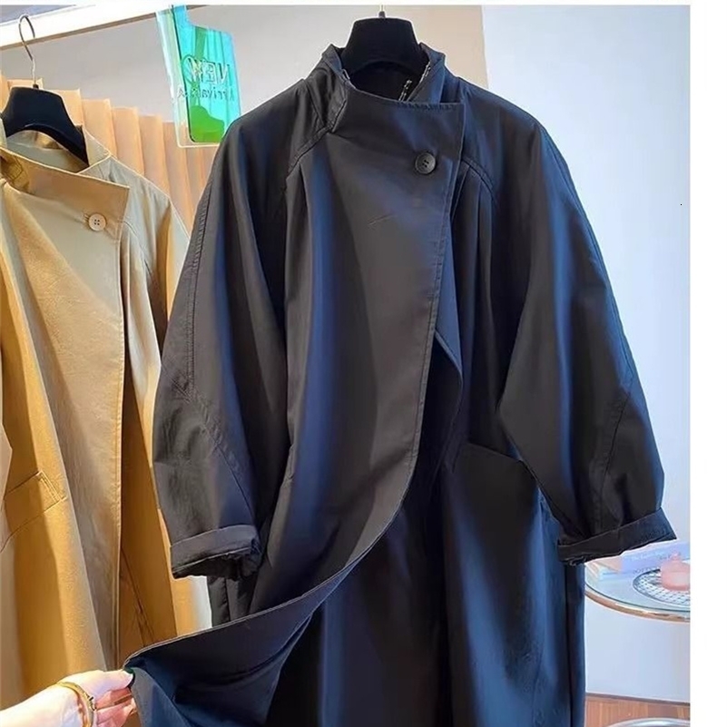 High End Stand Up Collar Outwear 2025 Spring Plus Size Womens Casual Loose Mid Long Windbreaker Lining Jacket Khaki Black Top 250823