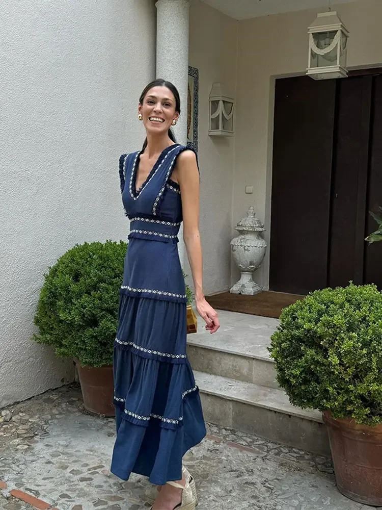 Women Vintage Chic Fringes Spliced Midi Ruffles Dress Fashion V Neck Sleeveless High Waist Robes Summer Lady Party Vestidos 250825