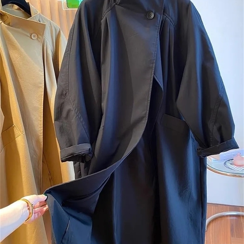 High End Stand Up Collar Outwear 2025 Spring Plus Size Womens Casual Loose Mid Long Windbreaker Lining Jacket Khaki Black Top 250823