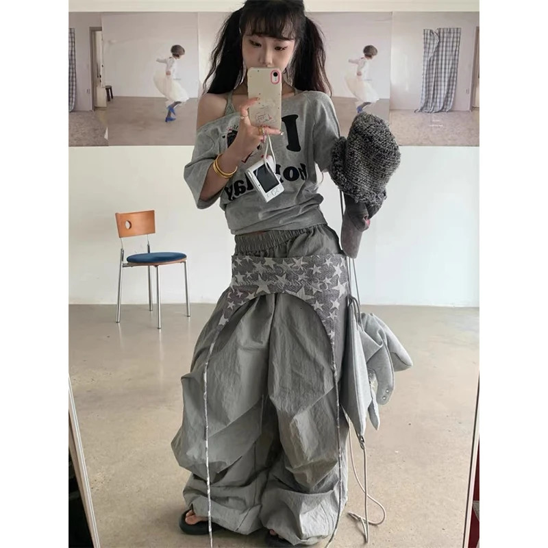 Autumn American Vintage 2000s Gray Cargo Women Y2k Baggy High Waist Straight Wide Leg Loose Lazy Casual Pants Z260314