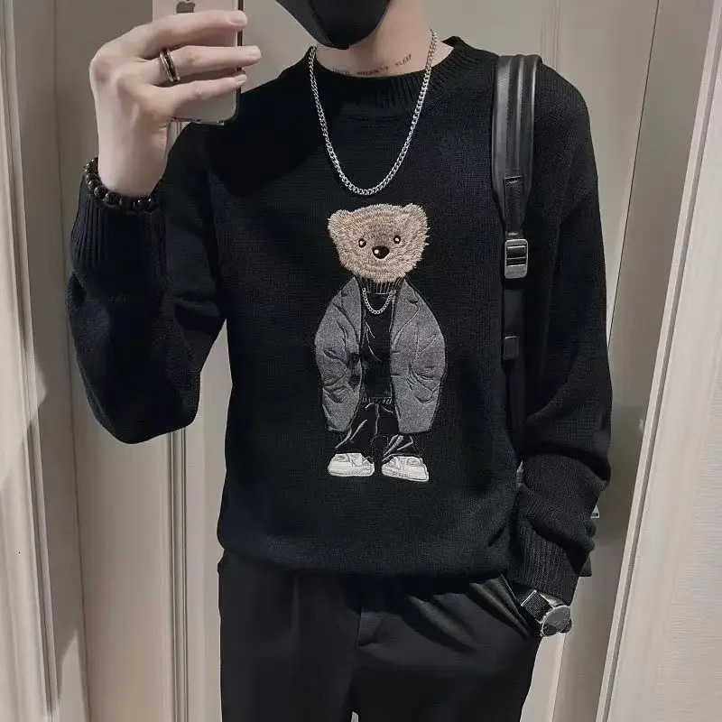Winter Mens Knitted Sweater O-neck Bear Embroidery Casual Knitwear Inner Lap Pullovers Long Sleeve 2025 Vintage Sweater Jumpers Z250825
