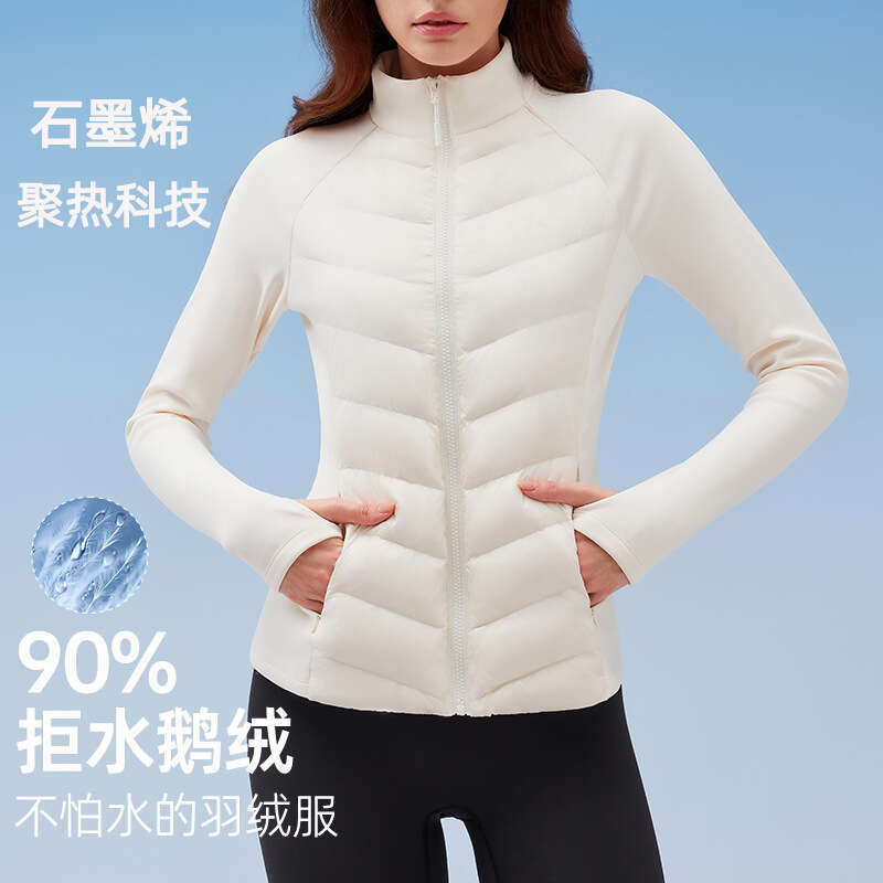 3-Proof Sports Down Jacket for Women, Outdoor Running, Windproof, Warm, Fitness Top, Lightweight, Slim Fit, Stand Collar, Ribbed Coat d9 01