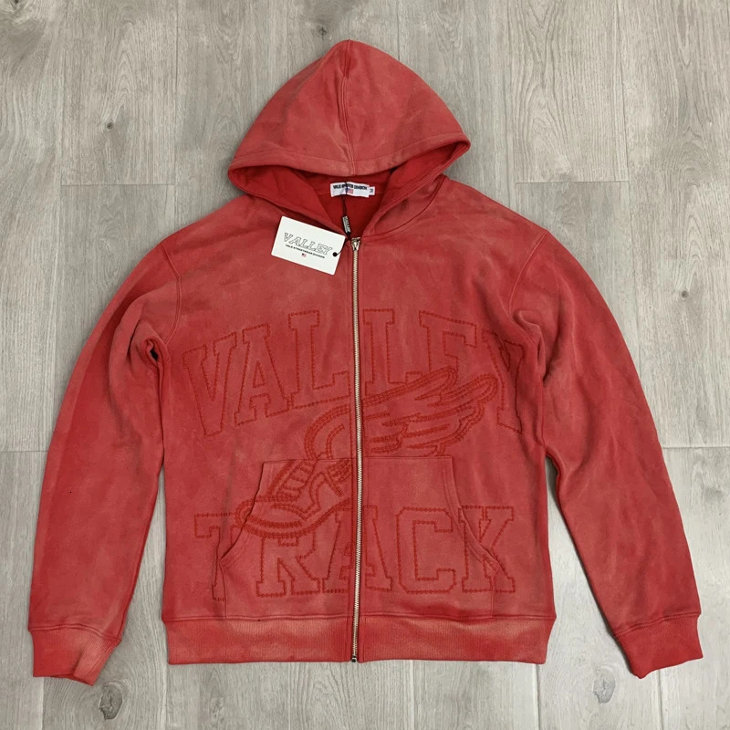 Real Po VALLEY Hoodie American Streetwear Vintage Red Tops ed Fashion Zipper Hooded Cardigan Vale Jacket 250825