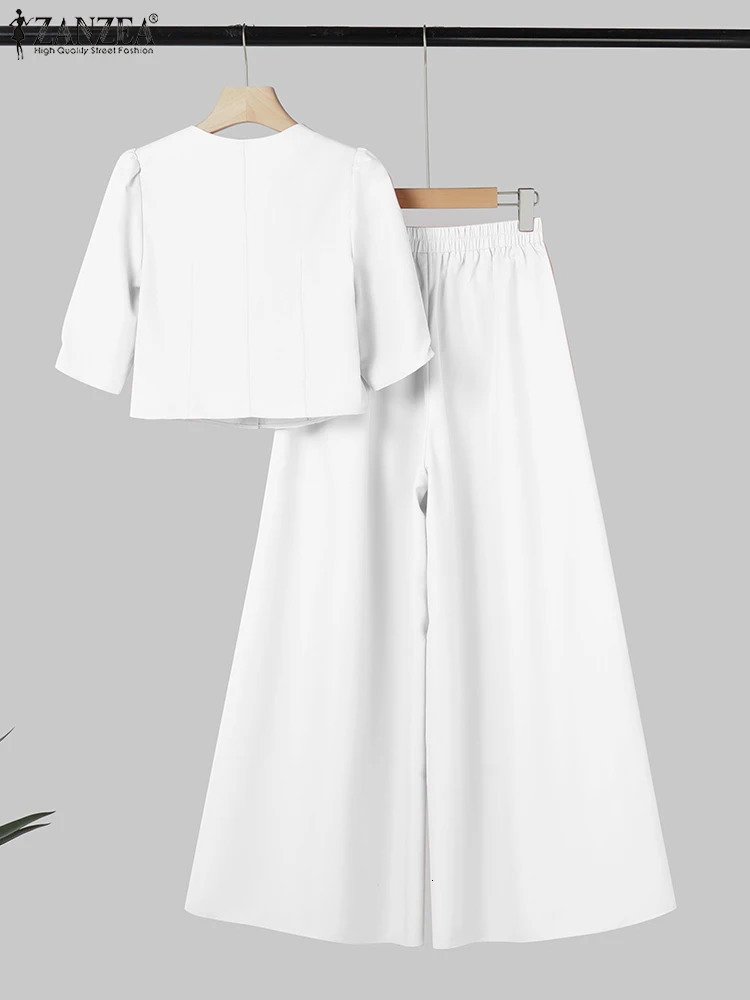 ZANZA Fashion Summer Trousers Suit 2PCS Women Matching Sets Elegant Short Sleeve Blouse Wide Leg Pant Sets OL Work Outfits 250825