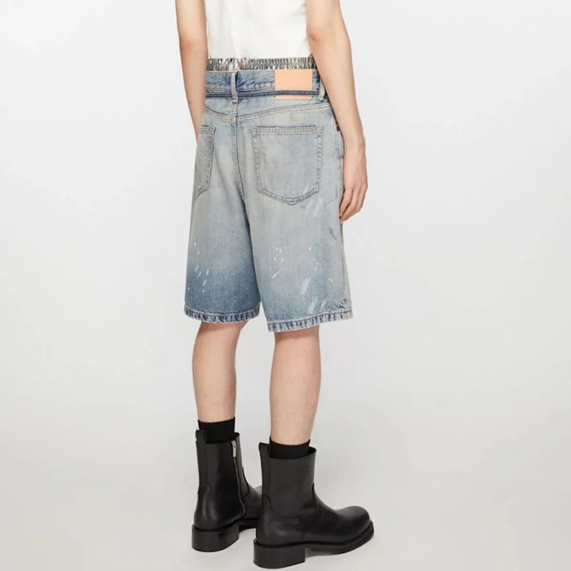 MIJKO Streetwear New Summer Ink Splashed Hand-painted Denim Shorts Mens Straight Blue Washed Baggy Knee Length Jeans Pants Oversized