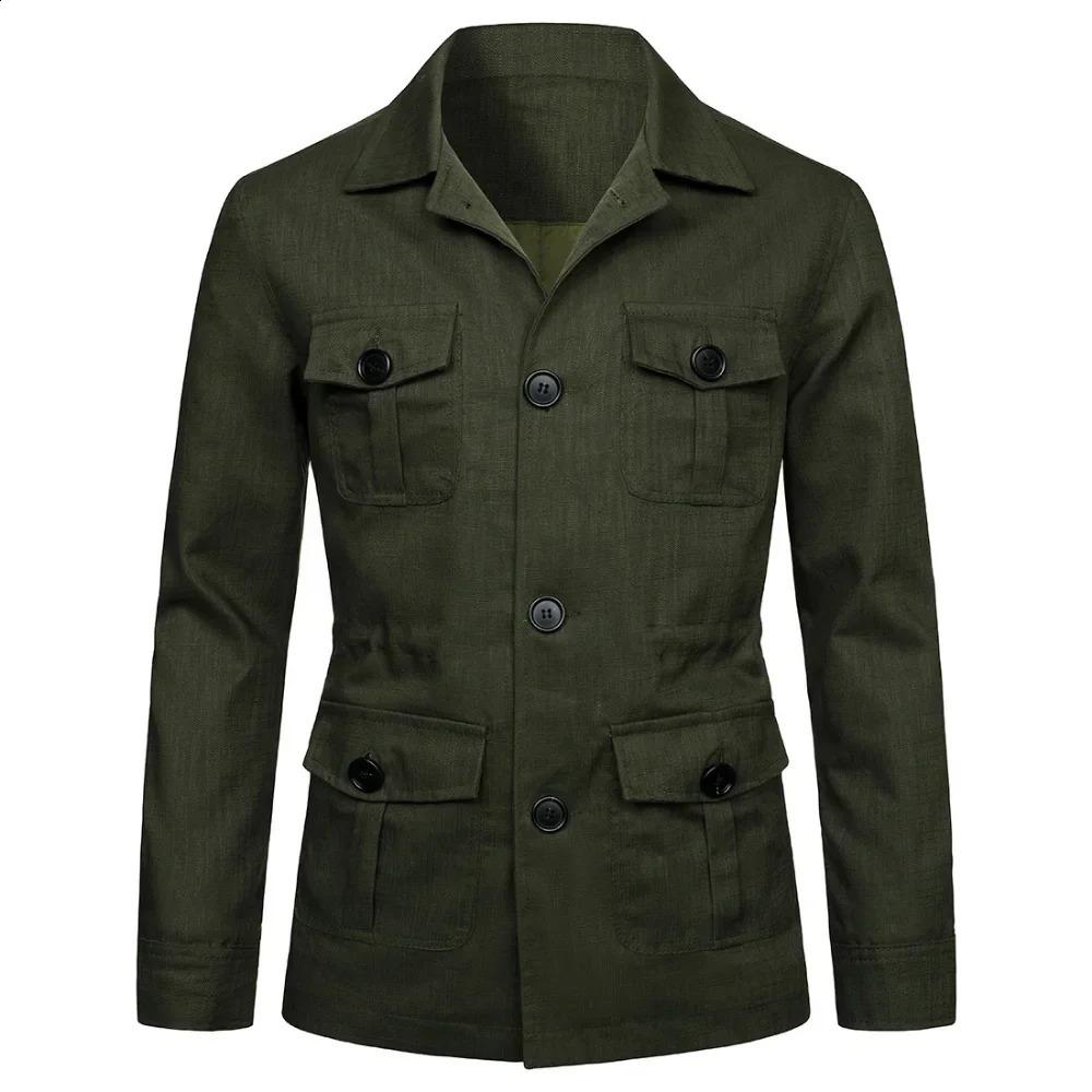 Mens Coats Safari Jacket Linen British Retro Gentry Suit Pockets Outerwear Fashion Solid Color Male Tops Ropa Hombre 250818