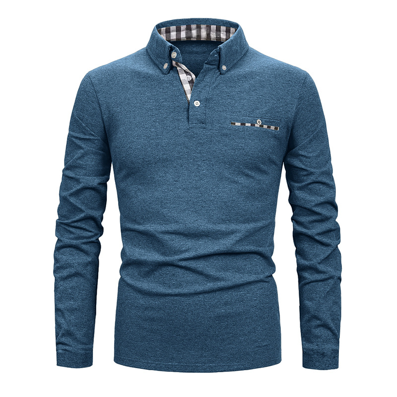 Men's Long - Sleeve Green Polo Shirt with Checkered Inner Collar and Chest Pocket Detail