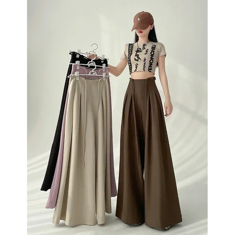 Streetwear Wide Leg Women Korean Black High Waist Suit Pants Summer Fashion Elegant Lace Up Straight Trousers Z260314