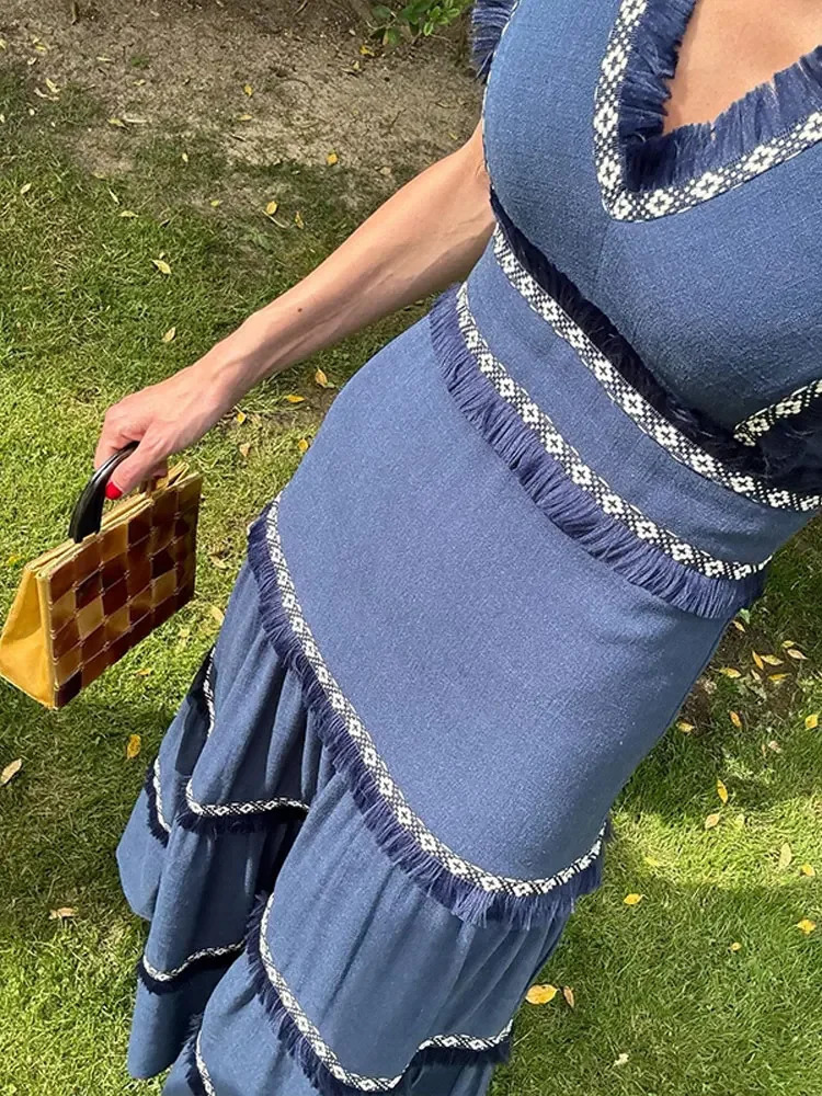 Women Vintage Chic Fringes Spliced Midi Ruffles Dress Fashion V Neck Sleeveless High Waist Robes Summer Lady Party Vestidos 250825