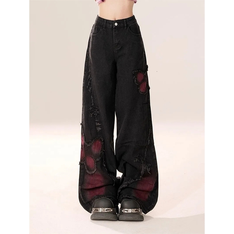 Womens Baggy Butterfly Jeans Vintage 90s Aesthetic Cowboy Pants Harajuku Oversize Denim Trousers Y2k 2000s Black Gothic Clothes Z260313