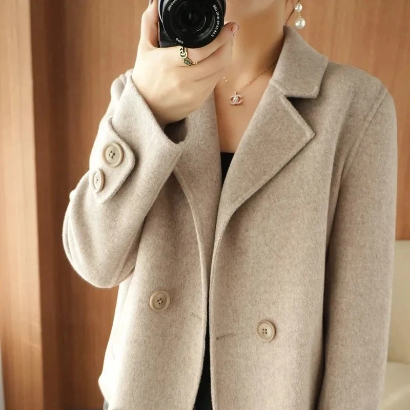 DoubleSided Wool Coat Womens Short HighEnd Casual Tweed Suit Jacket Blend Wool Coat Black Double Breasted Blazer Female 250825