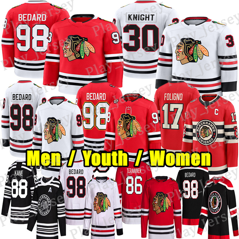 #98 ConnorS Bedard chicago hockey jersey blackhawksS jersey #55 Artyom Levshunov Frank Nazar Spencer Knight Teuvo Teravainen Oliver Moore Jason Dickinson jerseys