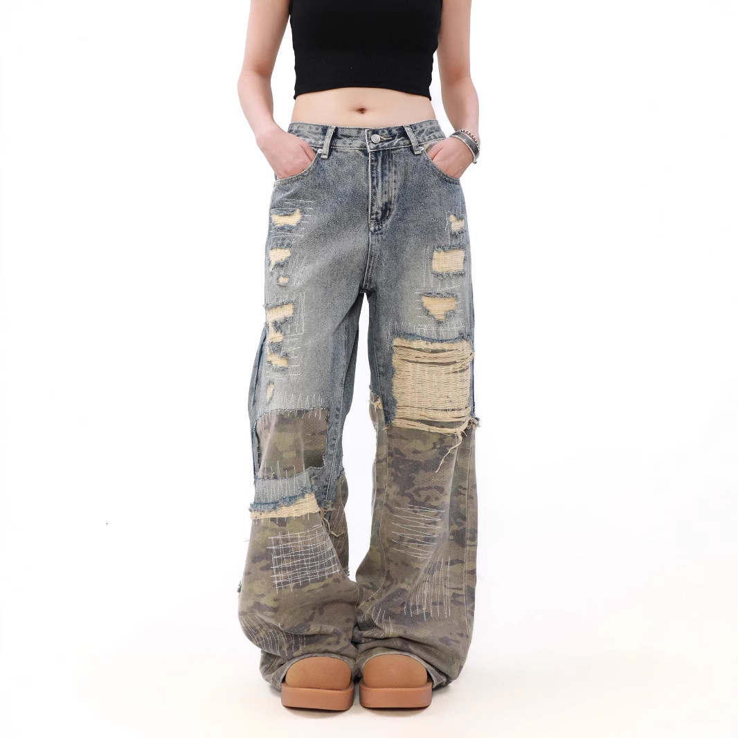 Streetwear Vintage Leopard Print Ripped Jeans Men Women Harajuku Distressed Denim Pants Y2K Punk Letter Graphic Patch Trousers 250612