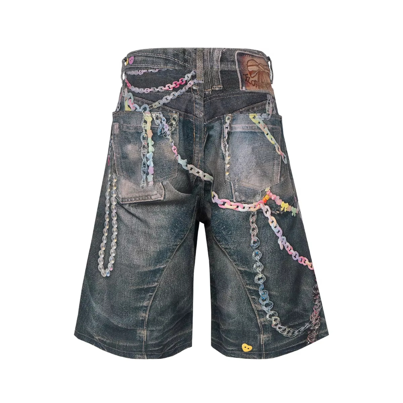 MIJKO 3D Candy Chain Print Baggy Jeans Shorts for Men Streetwear Summer Wide Leg Patchwork Casual Loose Knee Length Pants Oversized