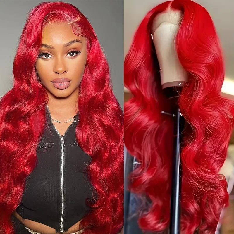 Hot Red Pre-Cut 13x6 Hd Lace Frontal Human Hair Wigs Gluelesss Brazilian Colored High Density Body Wave Lace Front Wig Hd Transparent Lace Closure Wig